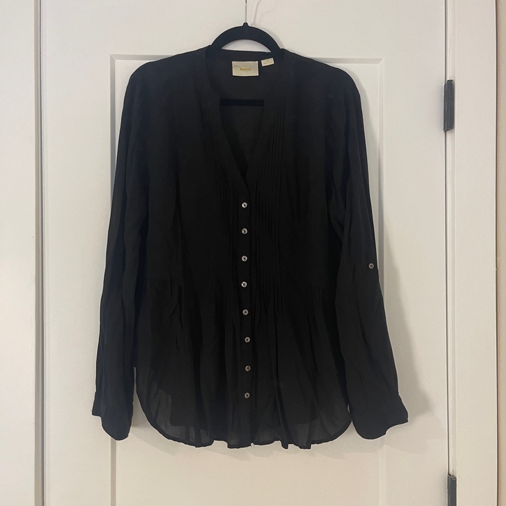 Black Button-Up Blouse with Fluted Details